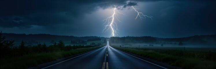 Empty asphalt road goes through green field and forest. Dark blue sky with white lightning flash, dramatic scene of night storm. Country landscape, bad weather in summer.