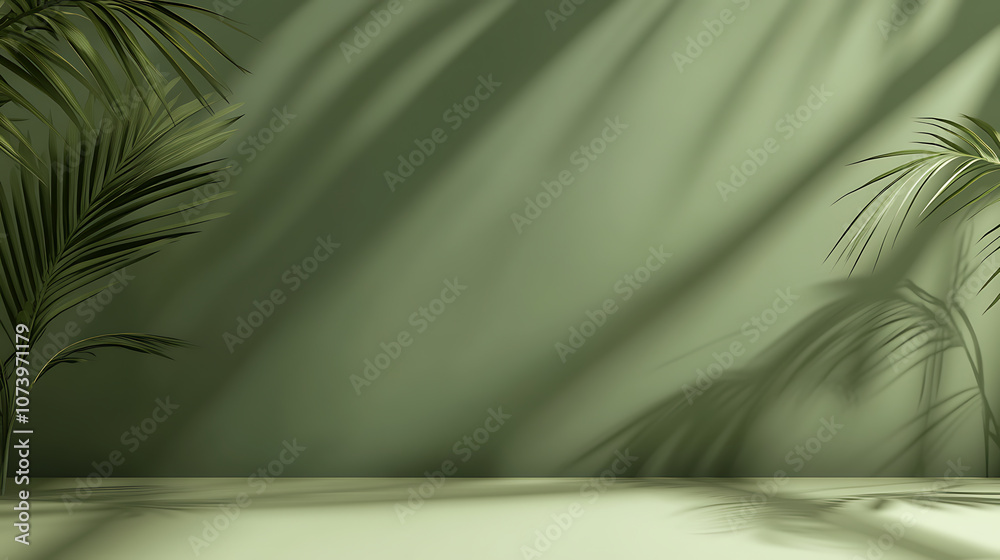 Poster A minimalist background with an olive green gradient, featuring subtle palm leaf shadows on the wall for product display presentation mockups