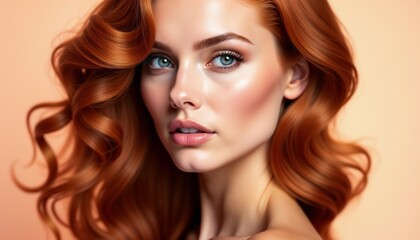 Fototapeta premium Elegant portrait of a woman showcasing her vibrant auburn wavy hair. The warm colors and graceful curls create a feeling of beauty and sophistication.