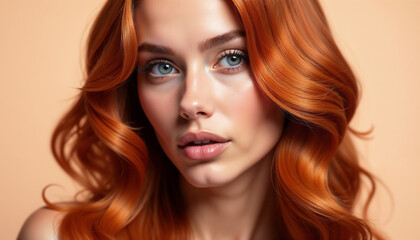 Fototapeta premium Elegant portrait of a woman showcasing her vibrant auburn wavy hair. The warm colors and graceful curls create a feeling of beauty and sophistication.