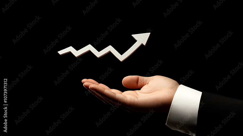 Poster a hand holding an upward trending graph with an arrow pointing upwards, symbolizing growth and progr
