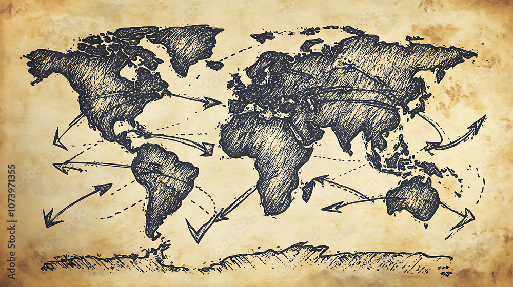 Poster a hand-drawn map of the world with arrows indicating global trade routes, representing international