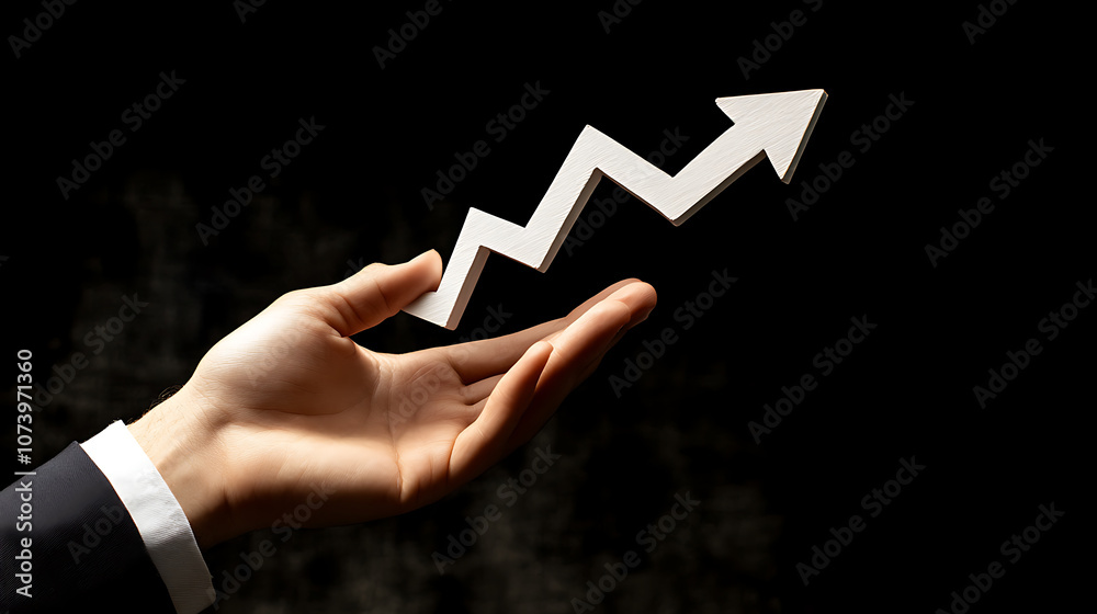 Poster a hand holding an upward trending graph with an arrow pointing upwards, symbolizing growth and progr