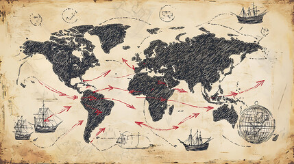 A hand-drawn map of the world with arrows indicating global trade routes, representing international information exchange between different areas