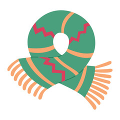 Knitted scarf isolated. Winter or autumn striped green scarf. Hand drawn flat style isolated. Vector illustration. 