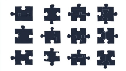 Minimal puzzle pieces icon set in black vector line style. Silhouettes of jigsaw puzzle pieces. Ideal vector graphics for concept illustrations and problem-solving themes.