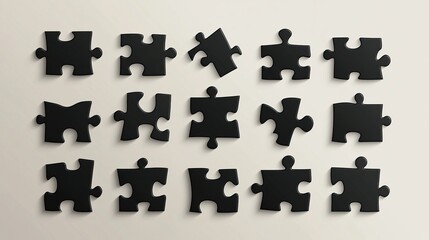 Naklejka premium Minimal puzzle pieces icon set in black vector line style. Silhouettes of jigsaw puzzle pieces. Ideal vector graphics for concept illustrations and problem-solving themes.