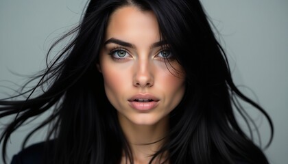 Naklejka premium A striking portrait of a woman with long, flowing dark hair, gazing confidently at the camera. The image conveys elegance, confidence, and beauty against a neutral background.