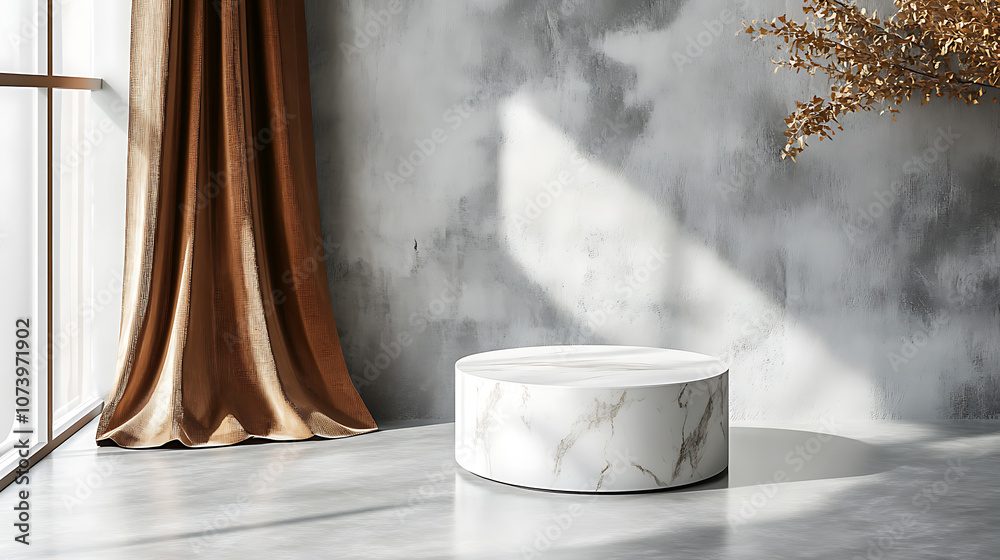 Poster a realistic vector of a white circular marble ceramic table, placed next to brown and white curtains