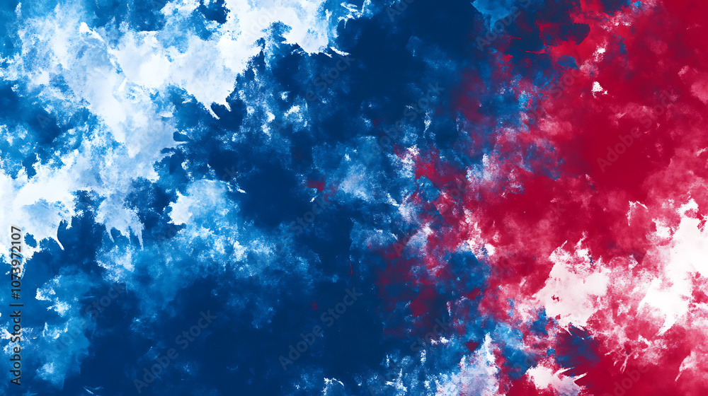 Poster a red, white and blue tiedye pattern on fabric with a background of pure color
