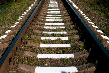 Obraz premium Railway track. Train is coming. Railway track for trains. The railways for the train. Railway crossing.