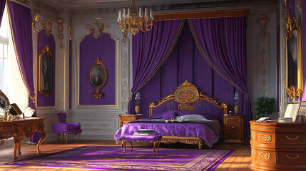 A royal bedroom interior, depicting a luxurious king or queen room in a palace with purple furniture in classical empire style, including a canopy bed, a table with documents, and a chest