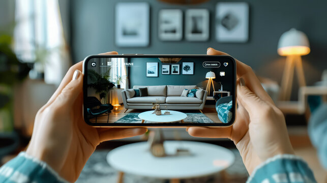 Person is holding a phone and looking at a picture of a living room