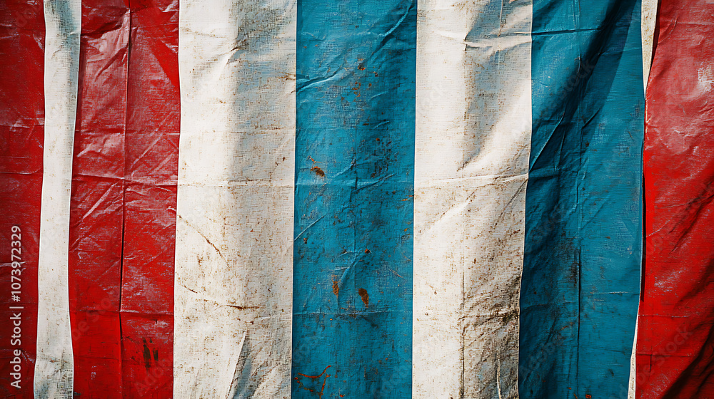 Poster A red, white and blue striped tarp with vertical stripes of varying sizes, creating an abstract pattern