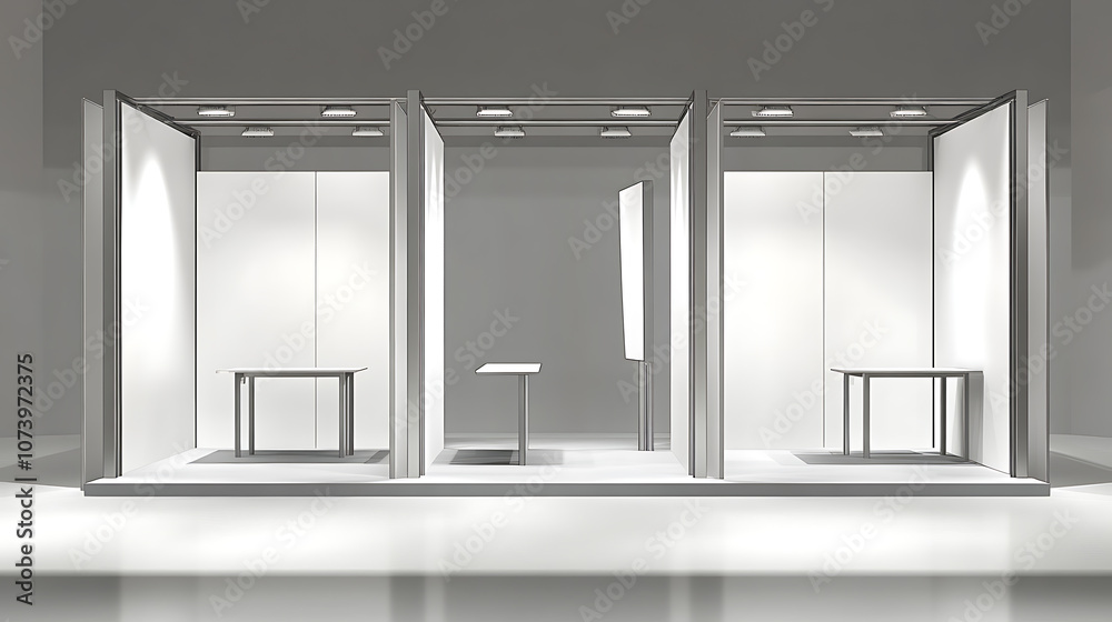 Aufkleber a set of blank exhibition trade show booths with demonstration tables, illustrated in both front and