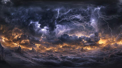 A thunderous dark sky filled with black clouds and flashing lightning, This panoramic view captures the theme of weather, natural disasters, storms, typhoons, tornadoes, and thunderstorms