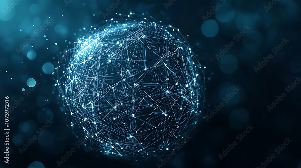 Poster Abstract black and white low poly network grid on sphere with dots and lines, technology background Big data connection concept, digital wallpaper design