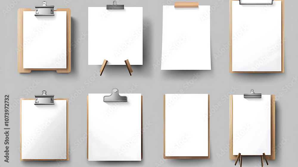 Poster a vector set of realistic 3d blank a4 vertical paper sheets and cards on wooden holders, including s