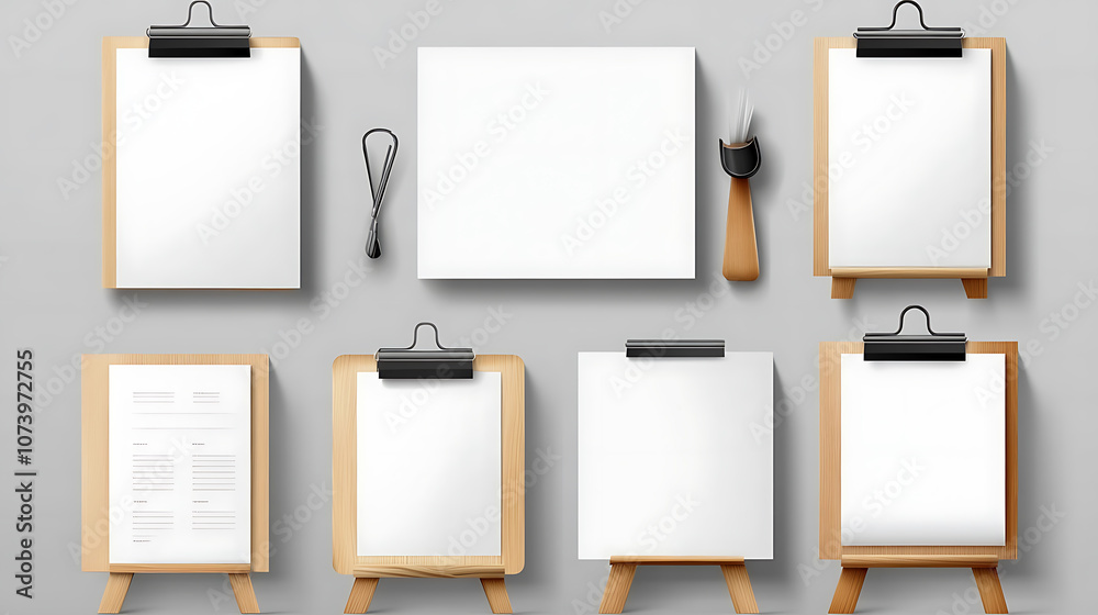 Poster a vector set of realistic 3d blank a4 vertical paper sheets and cards on wooden holders, including s
