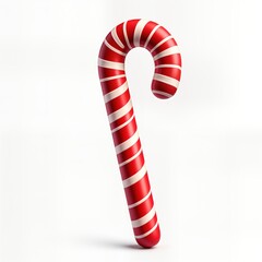 Red and white striped candy cane on white background. Sweet treat, festive symbol of Christmas holiday. Winter celebration decoration, traditional confectionery. Sugar cane, holiday food, edible gift.