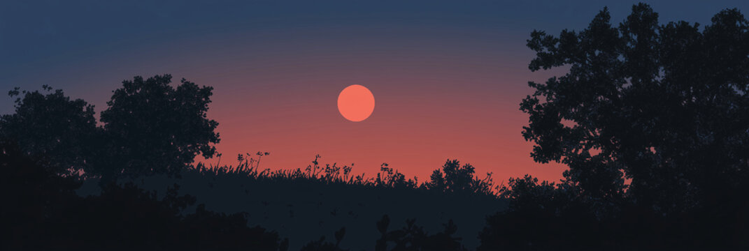 ultrawide landscape silhouette of a tree line against a gradient dusk night sky as the sun sets and glows a fiery orange-red