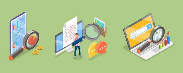 3D Isometric Flat Vector Illustration of Seo Analysis, Digital Marketing, Search Engine Optimization