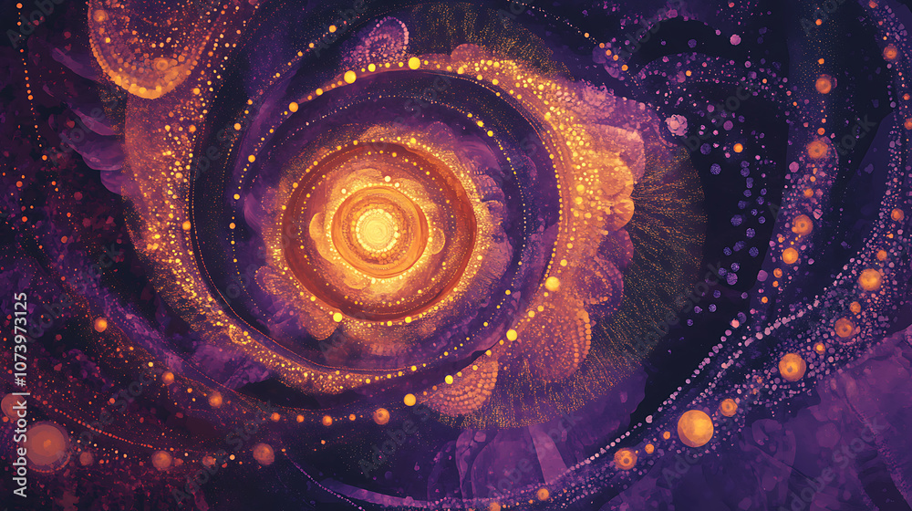 Poster abstract digital art illustration of glowing lines and dots forming curves, spirals and circular sha