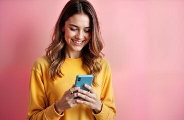 Young woman in yellow sweater smiles while using smartphone, standing against pink background. Girl browses internet, reads news, checks social media, sends text messages, shops online.