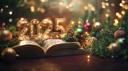 Golden 2025 numbers glowing atop an open book surrounded by Christmas ornaments and festive garlands. Ideal for New Year celebrations, holiday campaigns, and inspirational content