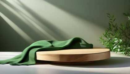 round wooden podium table with green throw blanket in sunlight on white wall for luxury elegant cosmetic skincare body care beauty product display background 3d