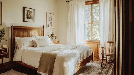 Fototapeta premium A serene bedroom featuring natural light, a cozy bed, and inviting decor in a tranquil setting during daylight hours