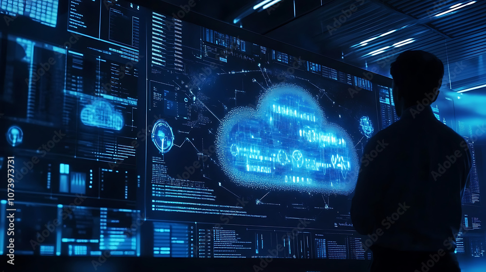 Poster Big screen displays security breach warning from cloud security hacker attack, Concept Cloud Security