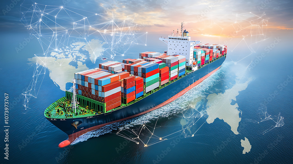 Poster aerial top view of a container ship cargo business, illustrating international import and export log