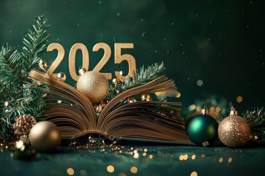 Festive New Year 2025 illustration showcasing an open book adorned with golden ornaments, lush greenery, and sparkling bokeh lights. Background for seasonal cards, blogs, and social media visuals