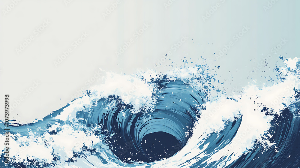Poster blue wave background, simple flat design with white space on the right side, white and blue color sc