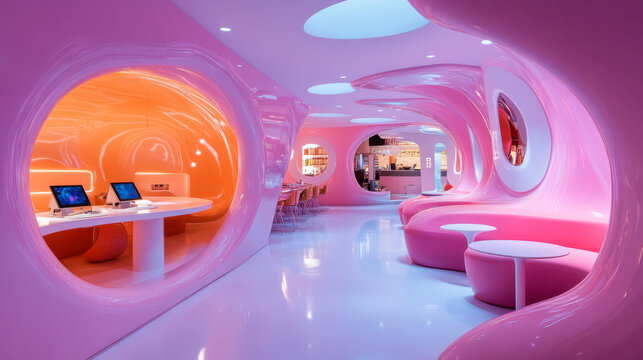 Modern office interior with unique orange design featuring multiple workstations and sleek technology in a spacious environment