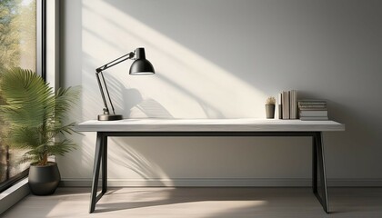 desktop of modern gray stand up desk with lamp in sunlight from window on white wall for home office working technology lifestyle product background 3d