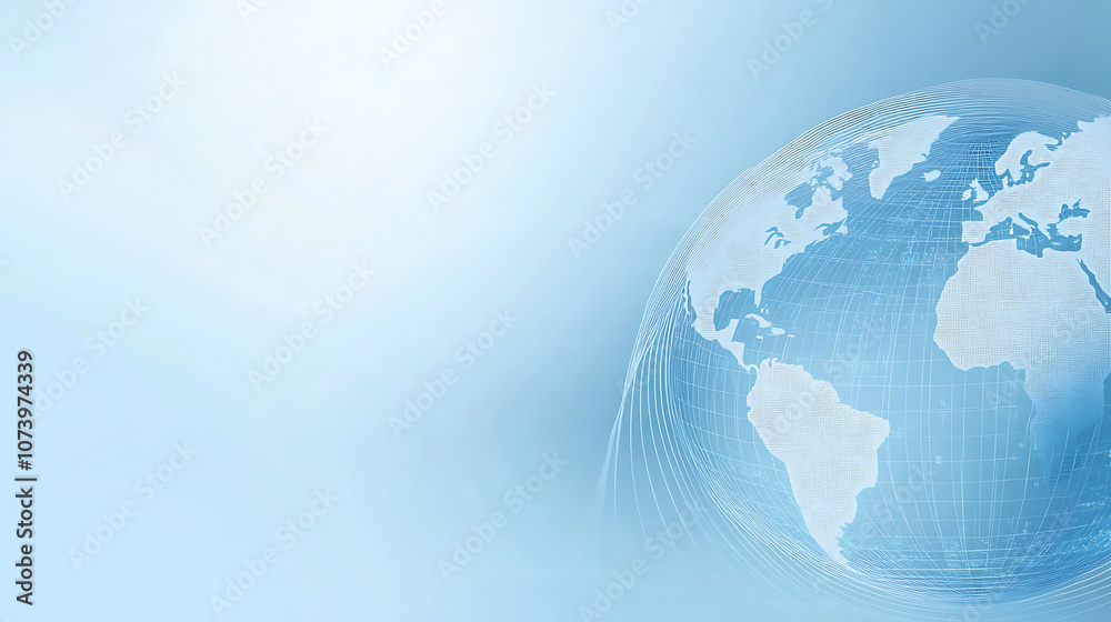 Poster a blue background with a digital globe and global network connections on the right side, representin