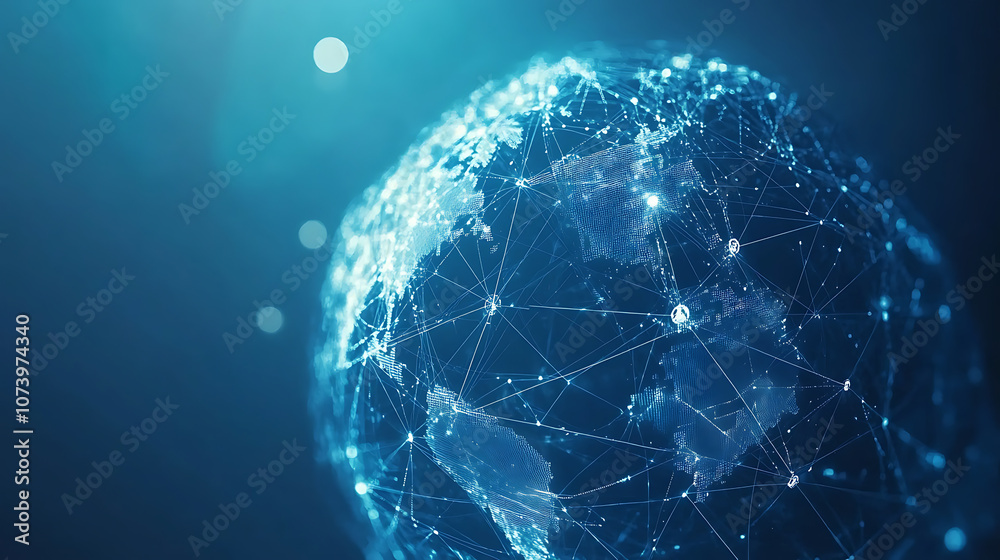 Poster a blue background with a digital globe and global network connections on the right side, representin