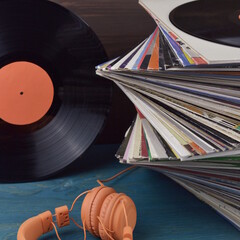 stack of old black vinyl records