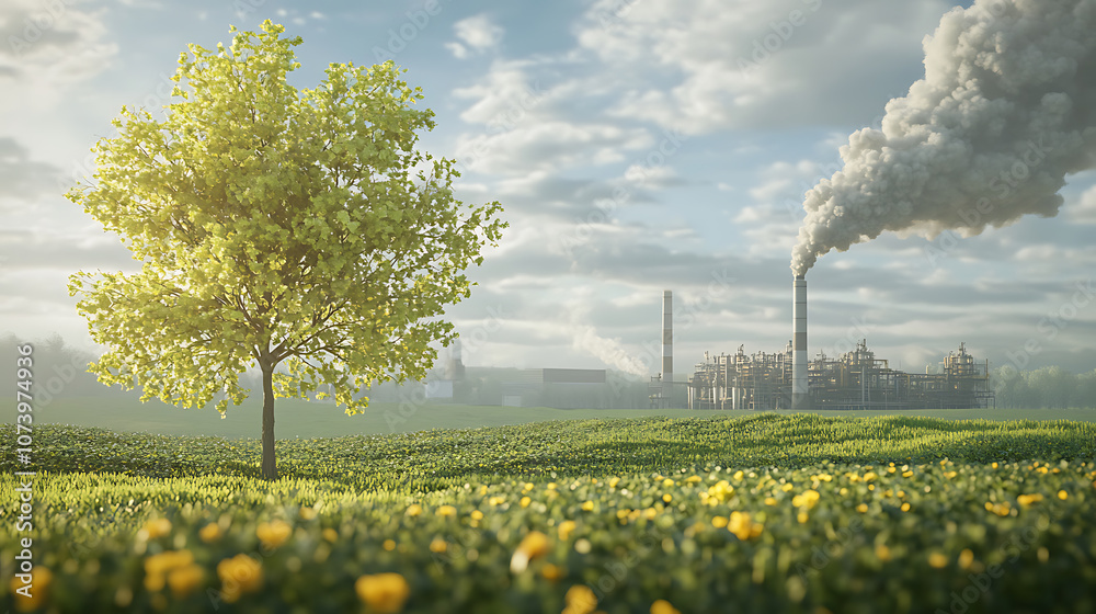 Poster compare a green tree and meadow with clear air to a factory emitting pollution and its effects on cl