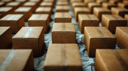 Fototapeta premium Row of brown cardboard boxes with white tape on the top