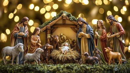 A beautifully crafted nativity scene with the figurines of Mary, Joseph, and baby Jesus in their manger, surrounded by animals