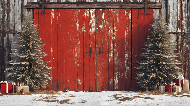 Red vintage rustic barn door, backdrop for photography, christmas trees with gifts and christmas decor. Rustic. Illustration