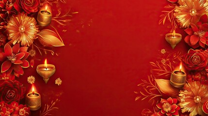 Diwali background, red color theme with fireworks and candles in the corners, space for text 