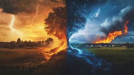 Fototapeta premium Contrasting weather patterns against a vast landscape depicting natural chaos and beauty