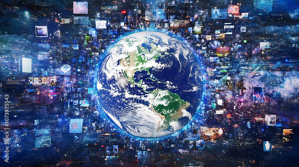 Aufkleber digital globe with global network connections and images of social media, digital marketing concept 