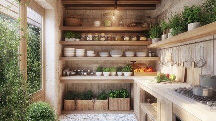 Bright Small Kitchen With Open Shelves and Plants