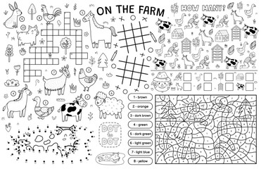 On the farm placemat with cute animals. Farm activity mat for kids with color by number, crossword, dot to dot, how many games. Vector illustration