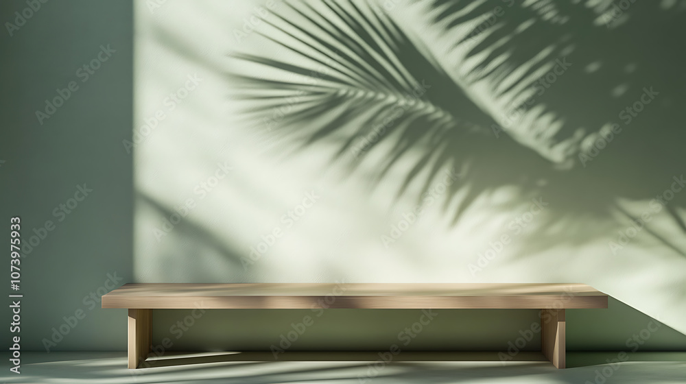 Poster Minimal abstract background for a product presentation, a green palm shadow on the wall, an empty table with soft shadows